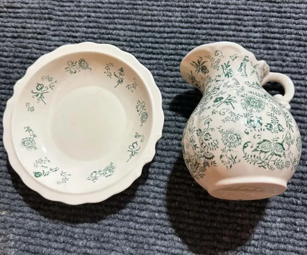 Vintage 1981 Ceramic Creamer Pitcher and Saucer Set with Green Floral Transferwa